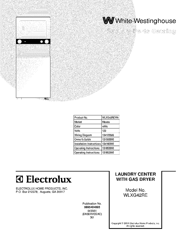 COVER Diagram and Parts List for WLXG42REW4  Westinghouse Washer Dryer Combo