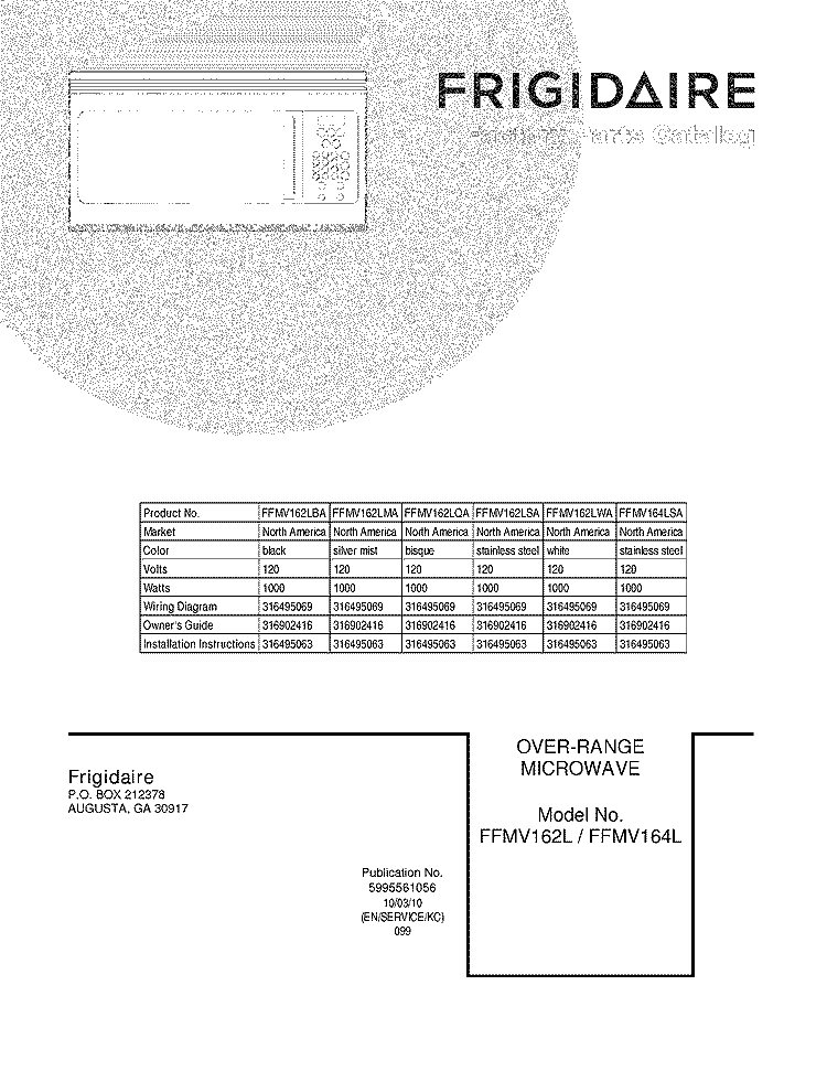 COVER Diagram and Parts List for FFMV162LSA  Frigidaire Microwave
