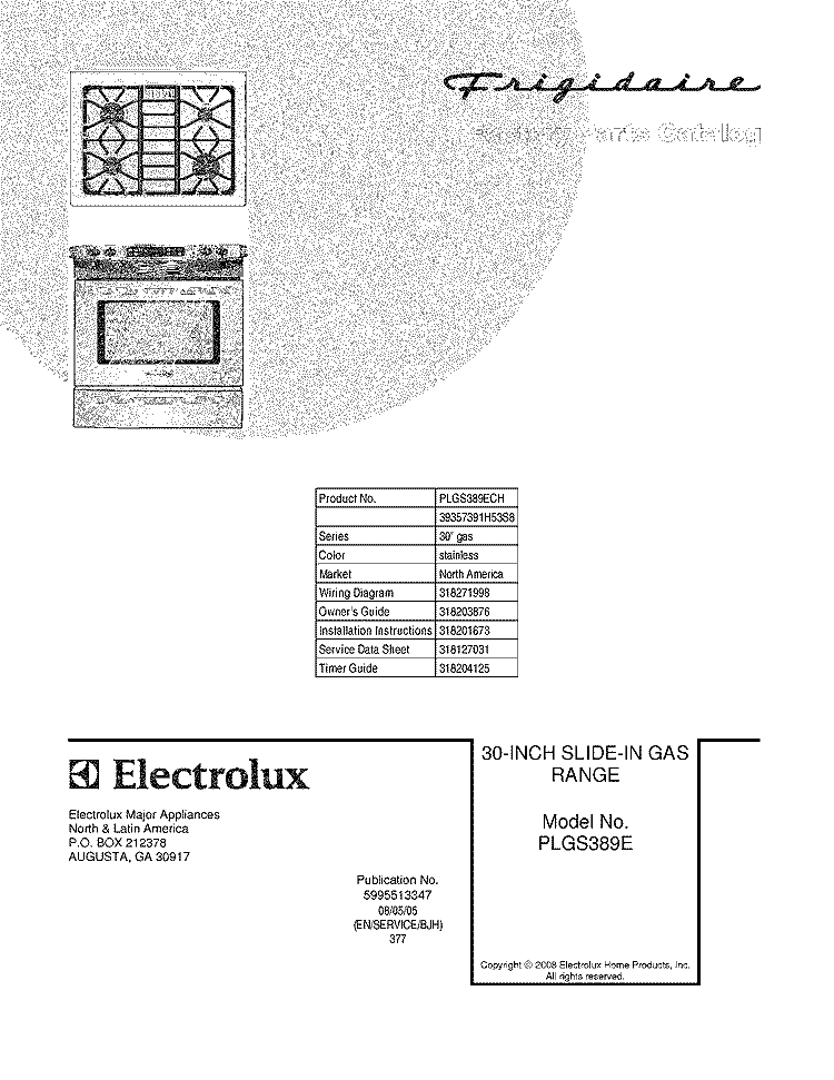 COVER Diagram and Parts List for PLGS389ECH  Frigidaire Range