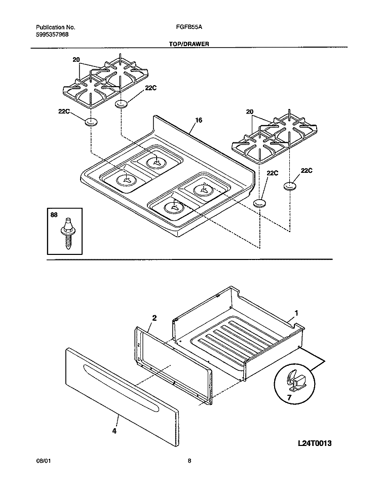 TOP / DRAWER Diagram and Parts List for FGFB55ASB  Frigidaire Range