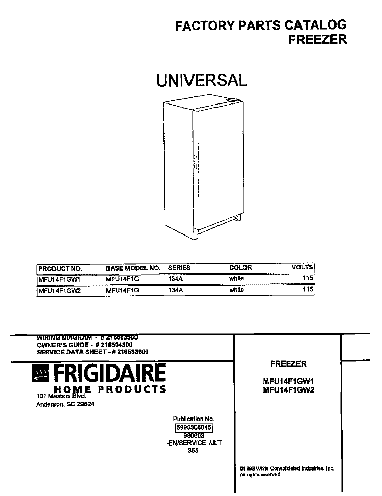 COVER Diagram and Parts List for MFU14F1GW2  Frigidaire Freezer