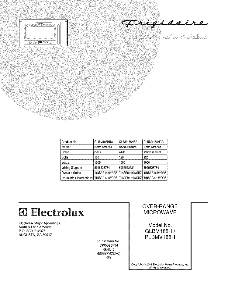 COVER Diagram and Parts List for PLBMV188HCA  Frigidaire Microwave