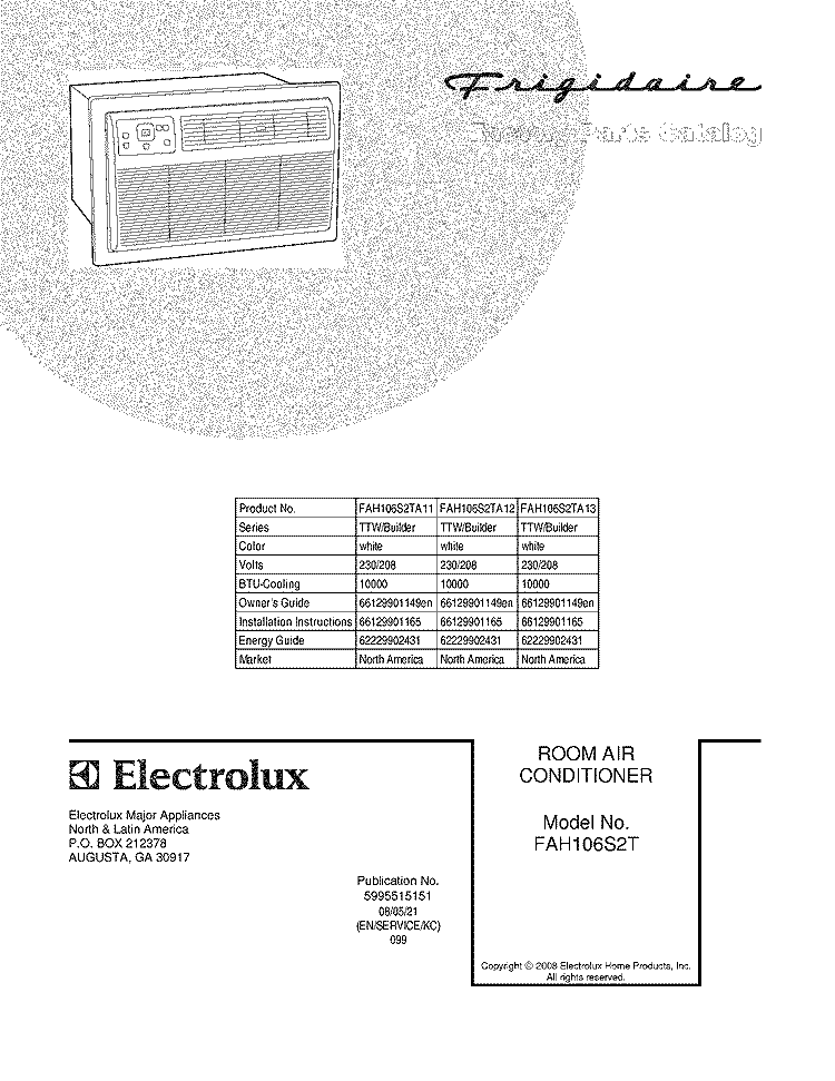 COVER Diagram and Parts List for FAH106S2TA11  Frigidaire Air Conditioner