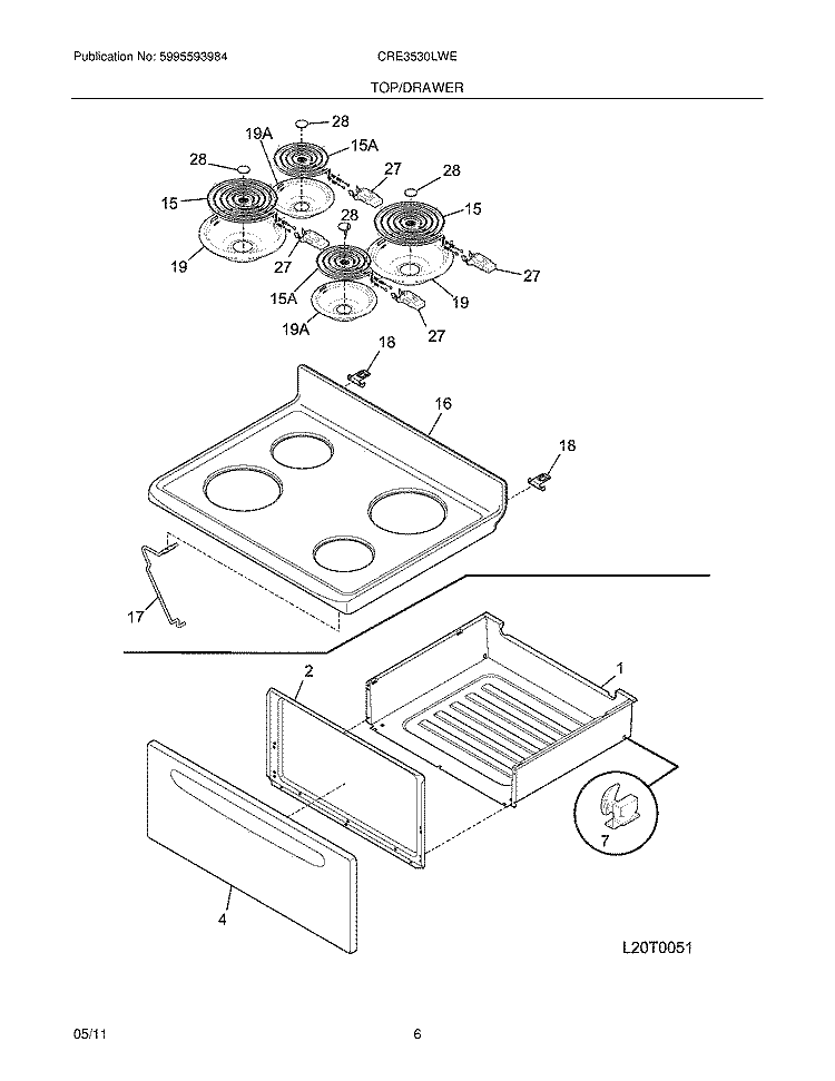 TOP/ DRAWER Diagram and Parts List for CRE3530LWE  Crosley Range