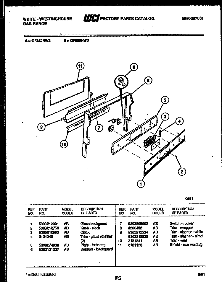 BACKGUARD Diagram and Parts List for GF860ND2  Frigidaire Range