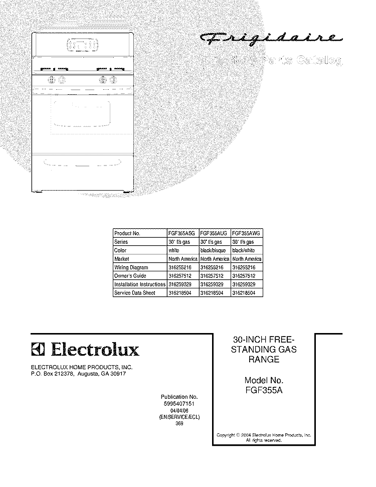 COVER Diagram and Parts List for FGF355ASG  Frigidaire Range