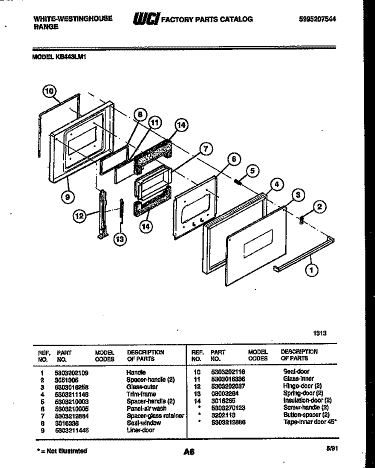 DOOR PARTS Diagram and Parts List for KB443LM1  Frigidaire Wall Oven