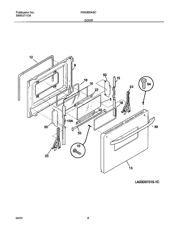 DOOR Diagram and Parts List for FES300ASC  Frigidaire Range