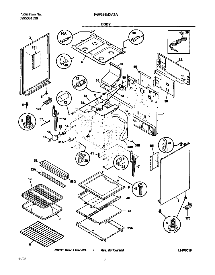 BODY Diagram and Parts List for FGF368MXASA  Frigidaire Range
