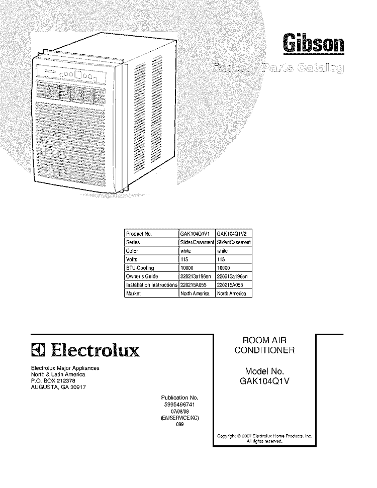 COVER Diagram and Parts List for GAK104Q1V1  Gibson Air Conditioner