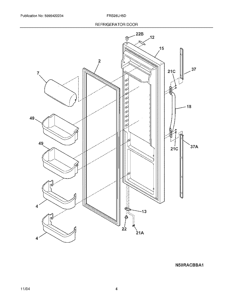 REFRIGERATOR DOOR Diagram and Parts List for FRS26LH5DW3  Frigidaire Refrigerator