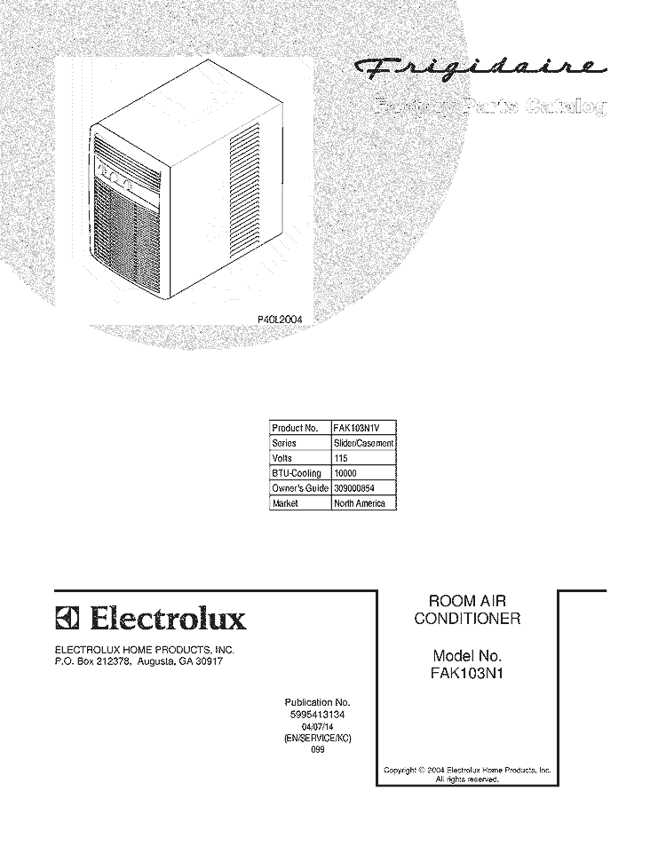 COVER Diagram and Parts List for FAK103N1V  Frigidaire Air Conditioner