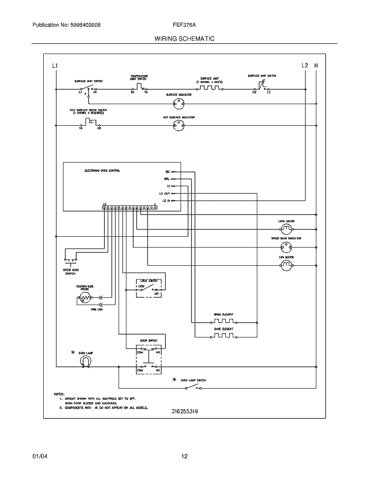 WIRING SCHEMATIC Diagram and Parts List for FEF376AQL  Frigidaire Range