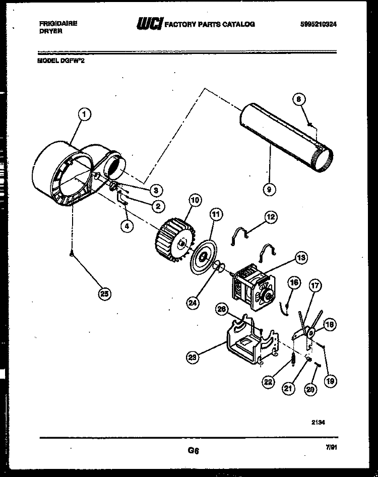 BLOWER AND DRIVE PARTS Diagram and Parts List for DGFW2  Frigidaire Dryer