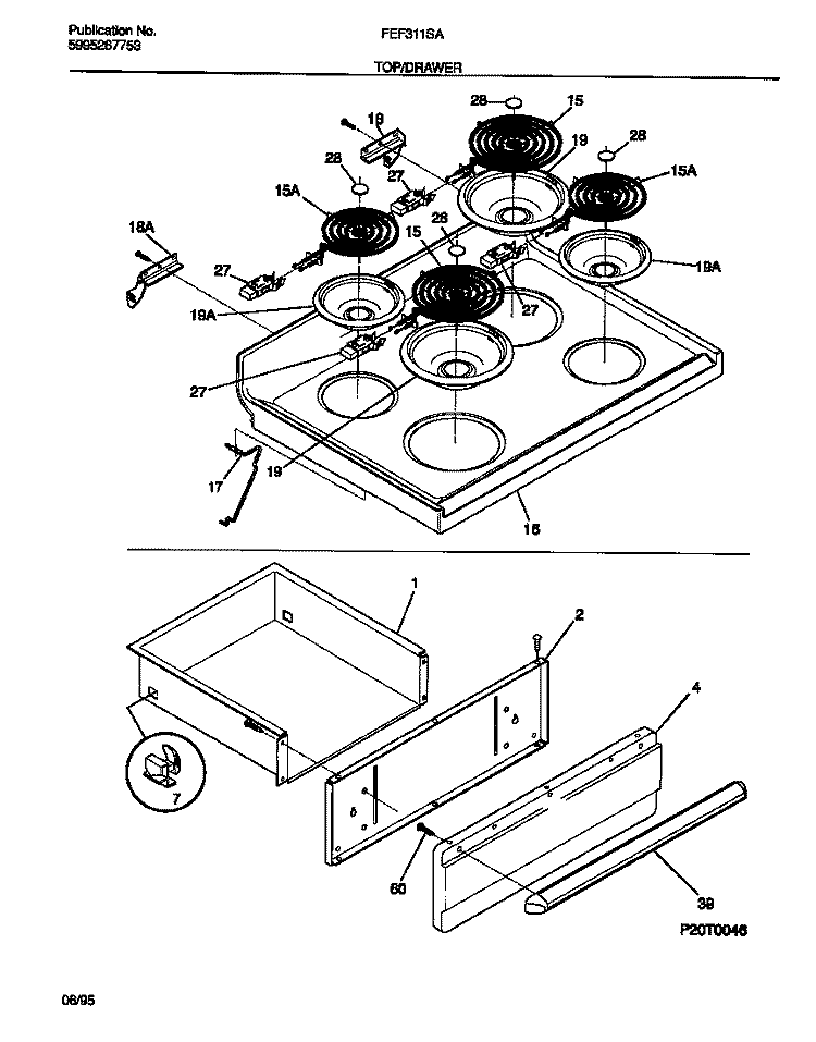 TOP / DRAWER Diagram and Parts List for FEF311SAWB  Frigidaire Range