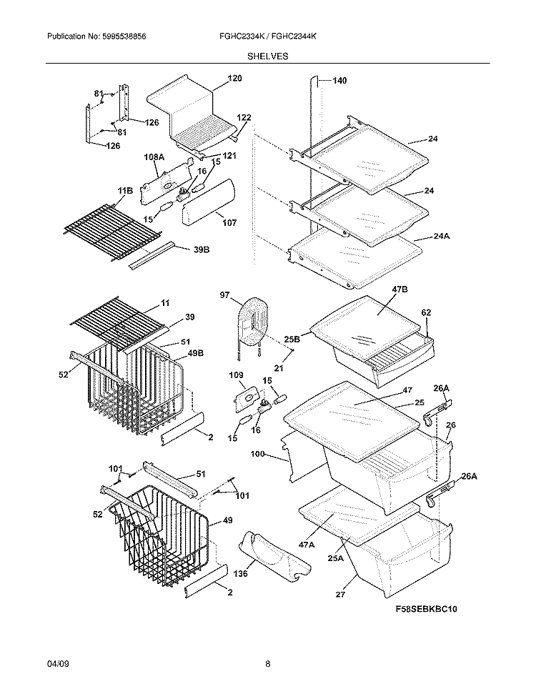 SHELVES Diagram and Parts List for FGHC2344KF0  Frigidaire Refrigerator