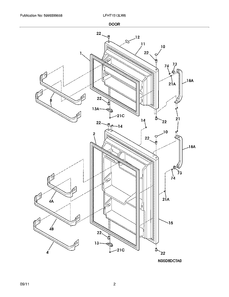 DOOR Diagram and Parts List for LFHT1513LW6  Frigidaire Refrigerator