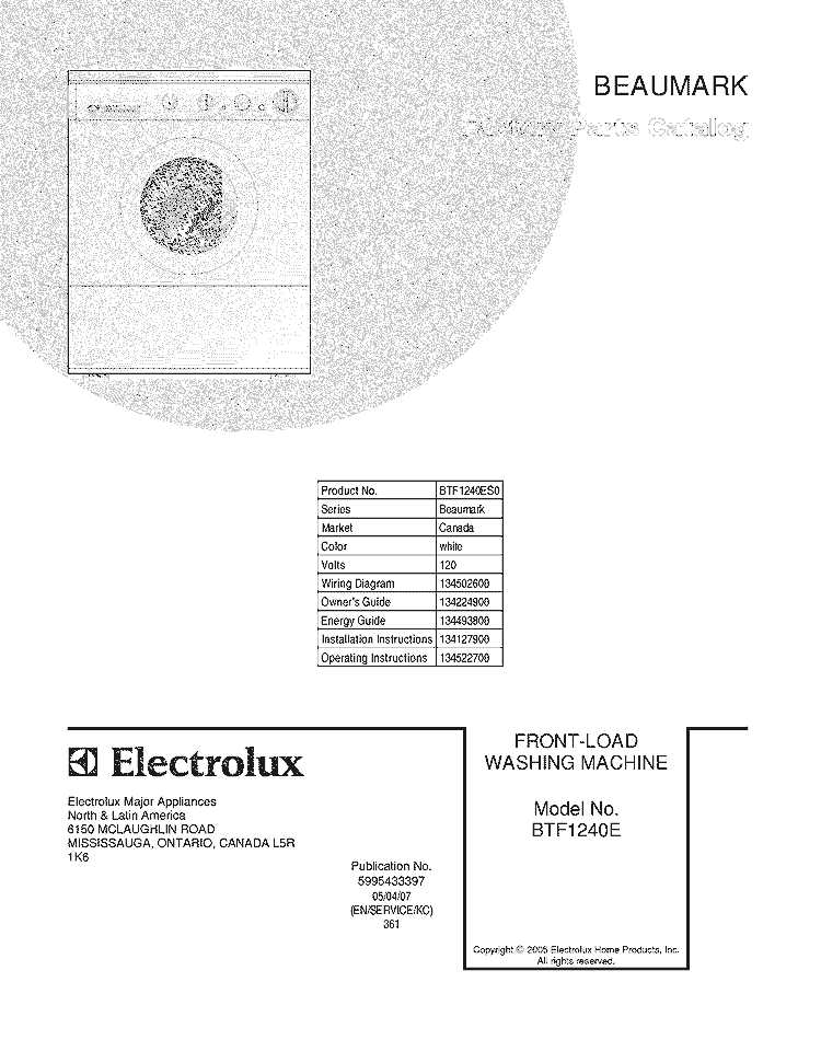 COVER Diagram and Parts List for BTF1240ES0  Crosley Washer