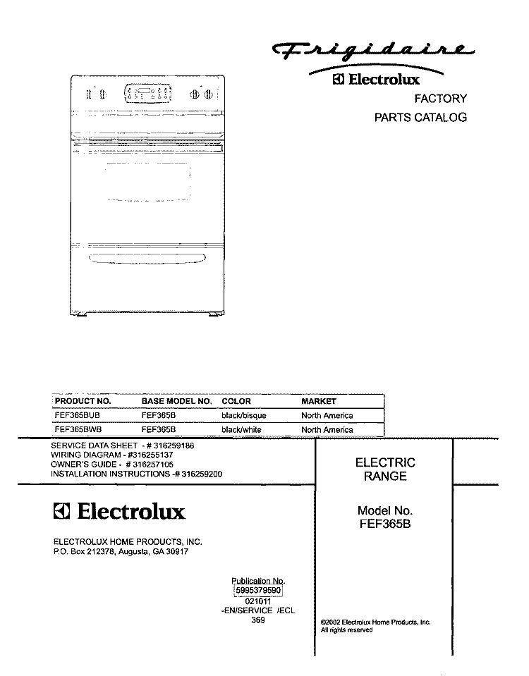 COVER Diagram and Parts List for FEF365BWB  Frigidaire Range