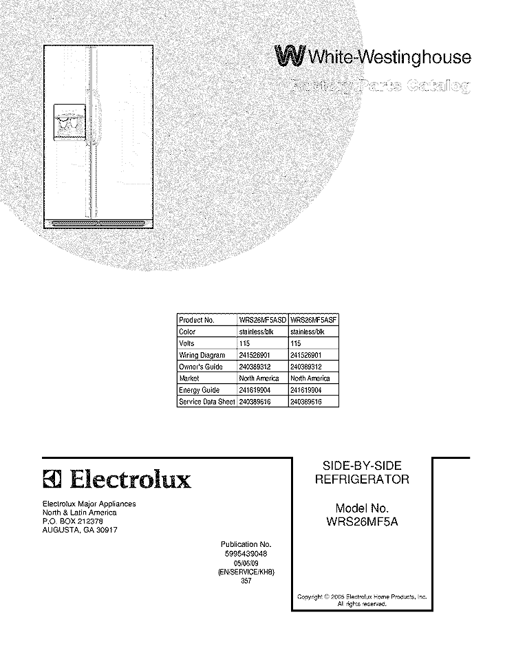 COVER Diagram and Parts List for WRS26MF5ASF  Westinghouse Refrigerator