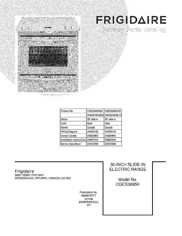COVER Diagram and Parts List for CGES3065KW3  Frigidaire Wall Oven