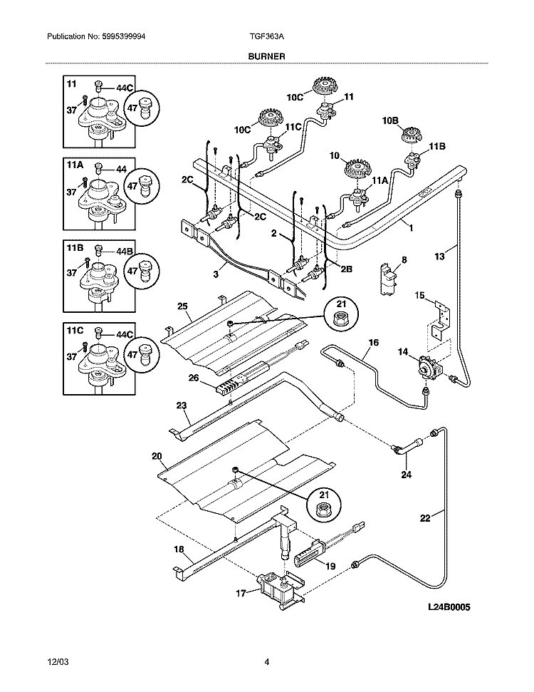 BURNER Diagram and Parts List for TGF363AUE  Tappan Range