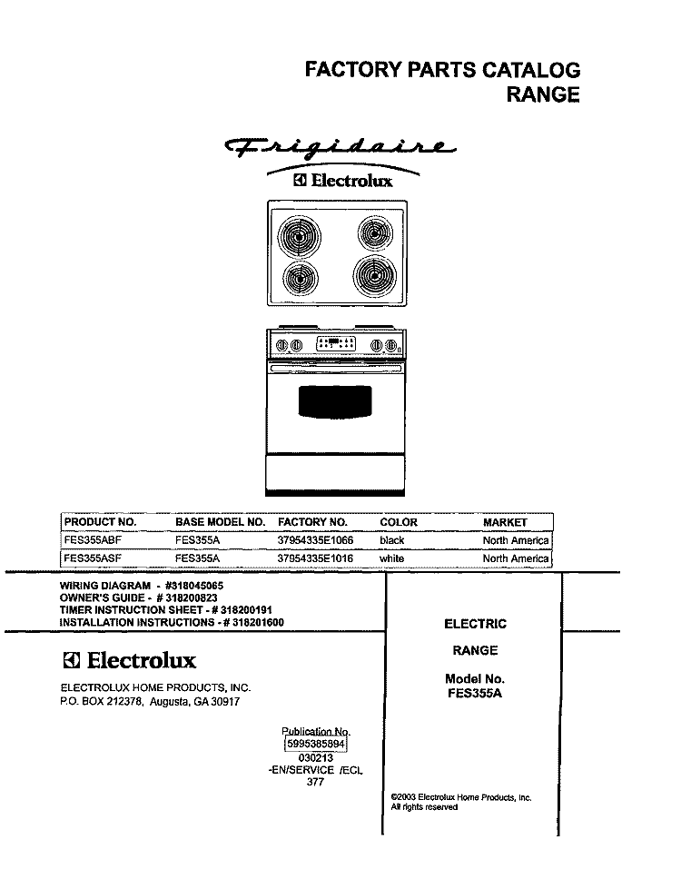 COVER Diagram and Parts List for FES355ASF  Frigidaire Range