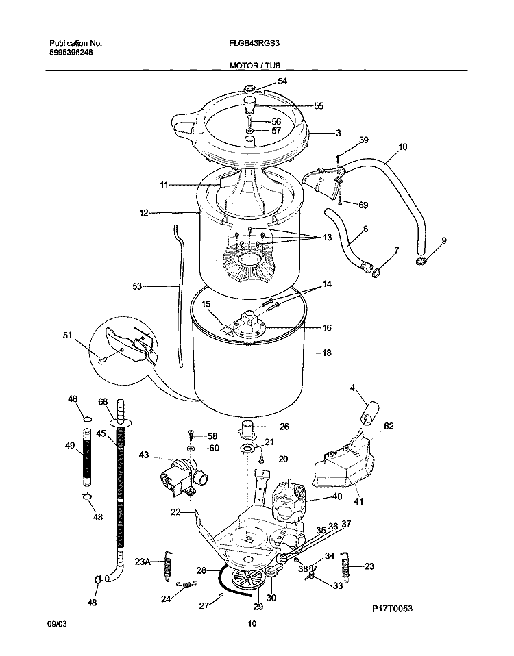 MOTOR / TUB Diagram and Parts List for FLGB43RGS3  Frigidaire Washer Dryer Combo