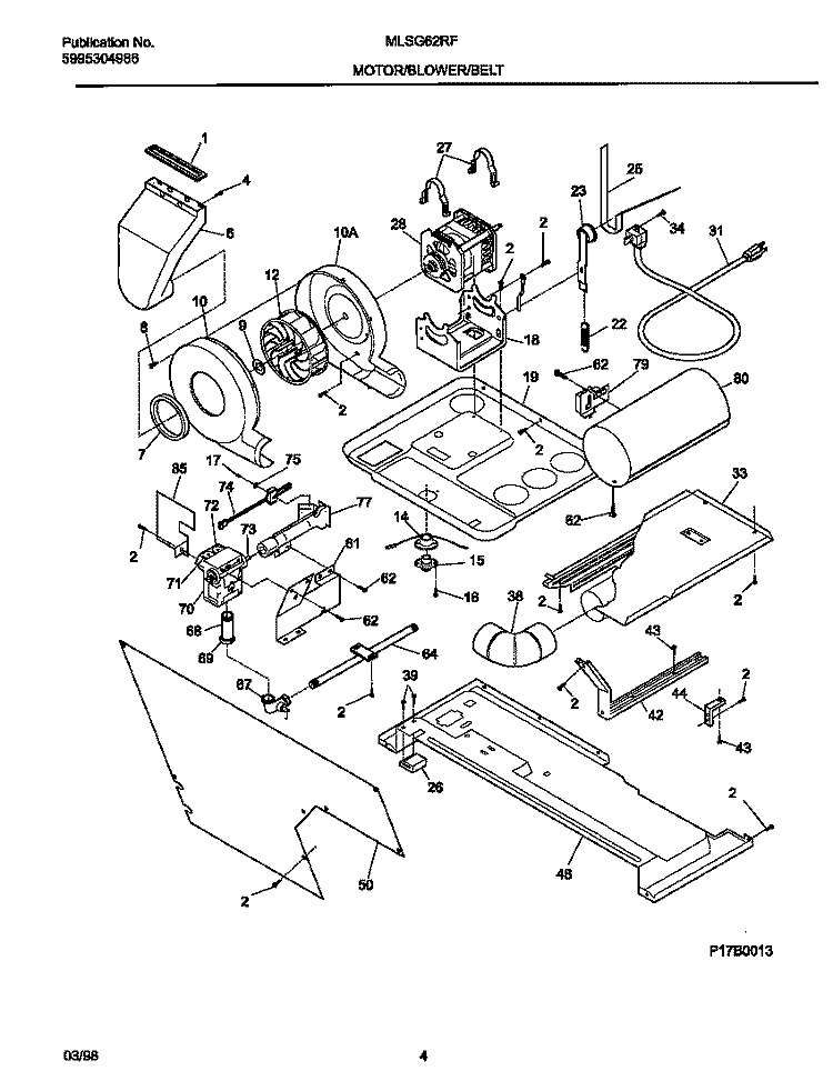 MOTOR / BLOWER / BELT Diagram and Parts List for MLSG62RFW0  Frigidaire Washer Dryer Combo
