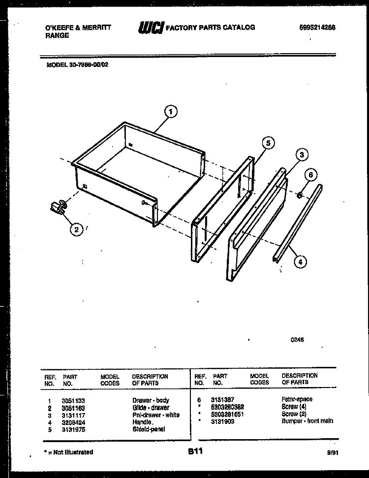 DRAWER PARTS Diagram and Parts List for 30-7989-00-02  Tappan Range