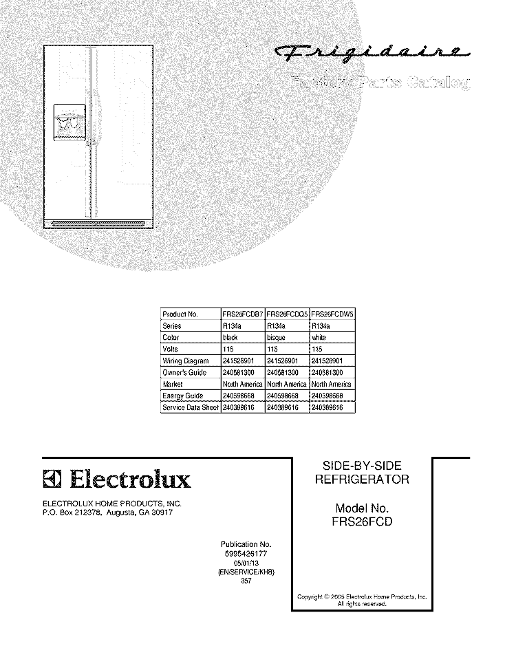 COVER Diagram and Parts List for FRS26FCDQ5  Frigidaire Refrigerator