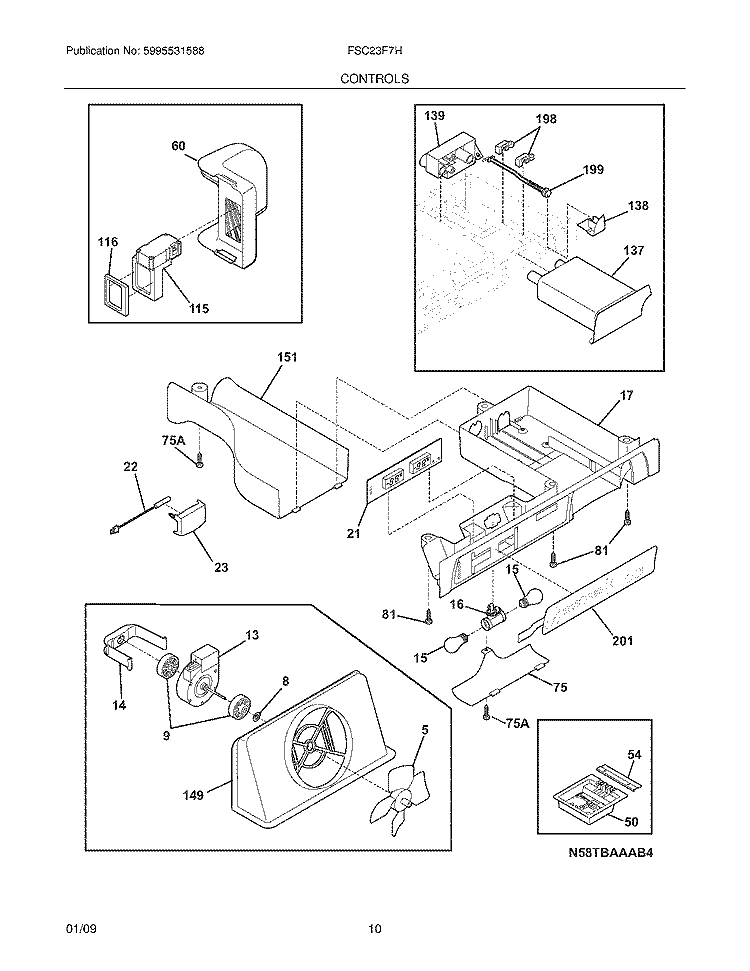 CONTROLS Diagram and Parts List for FSC23F7HW9  Frigidaire Refrigerator
