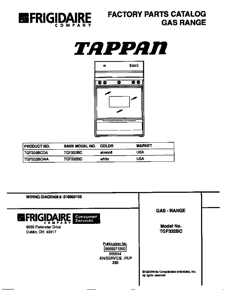 COVER Diagram and Parts List for TGF332BCWA  Tappan Range