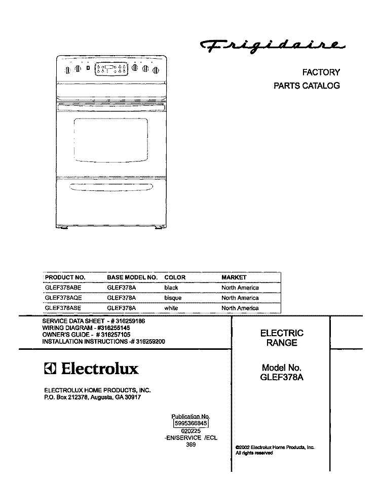 COVER Diagram and Parts List for GLEF378AQE  Frigidaire Range