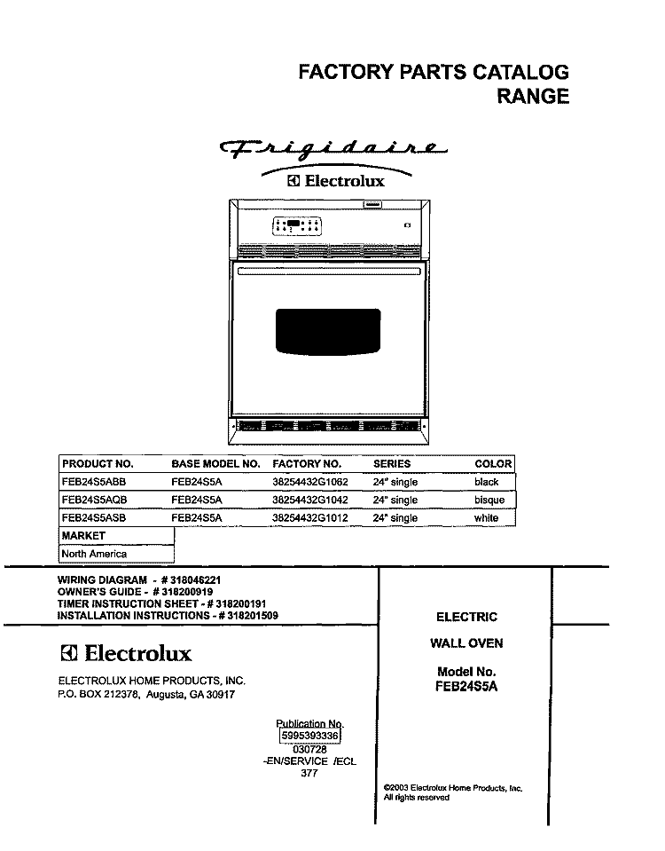 COVER Diagram and Parts List for FEB24S5ABB  Frigidaire Wall Oven