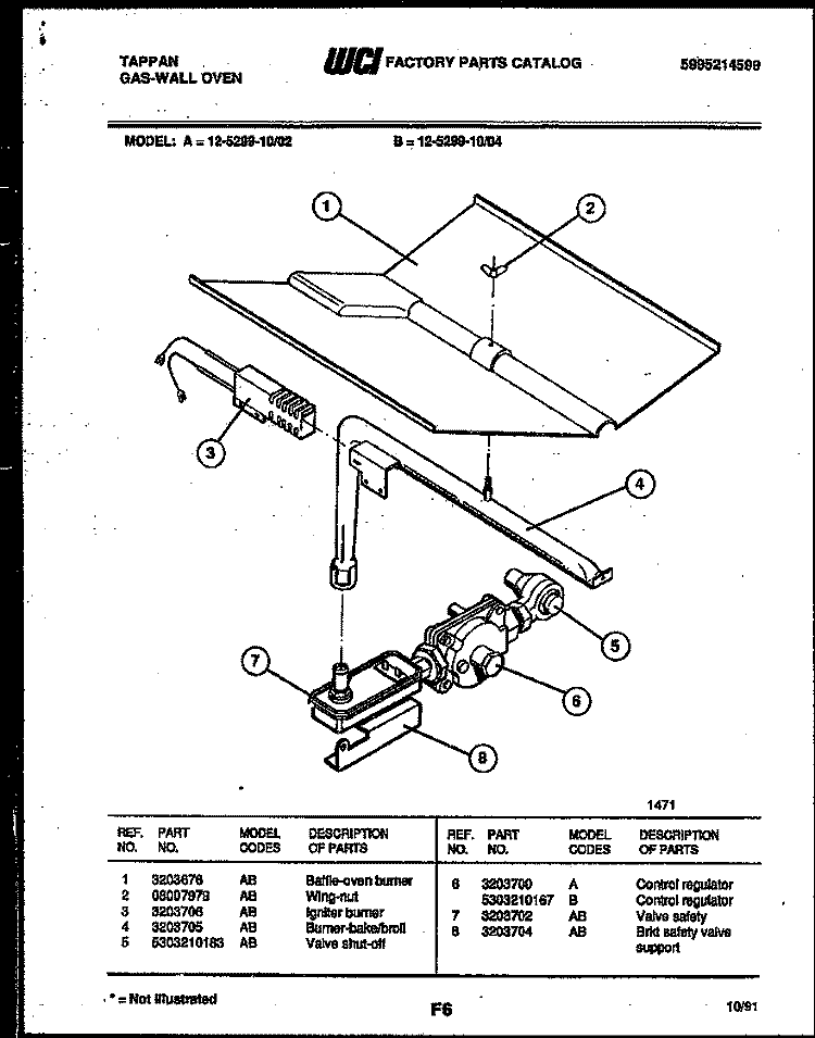 GAS CONTROL Diagram and Parts List for 12-5299-00-02  Tappan Wall Oven