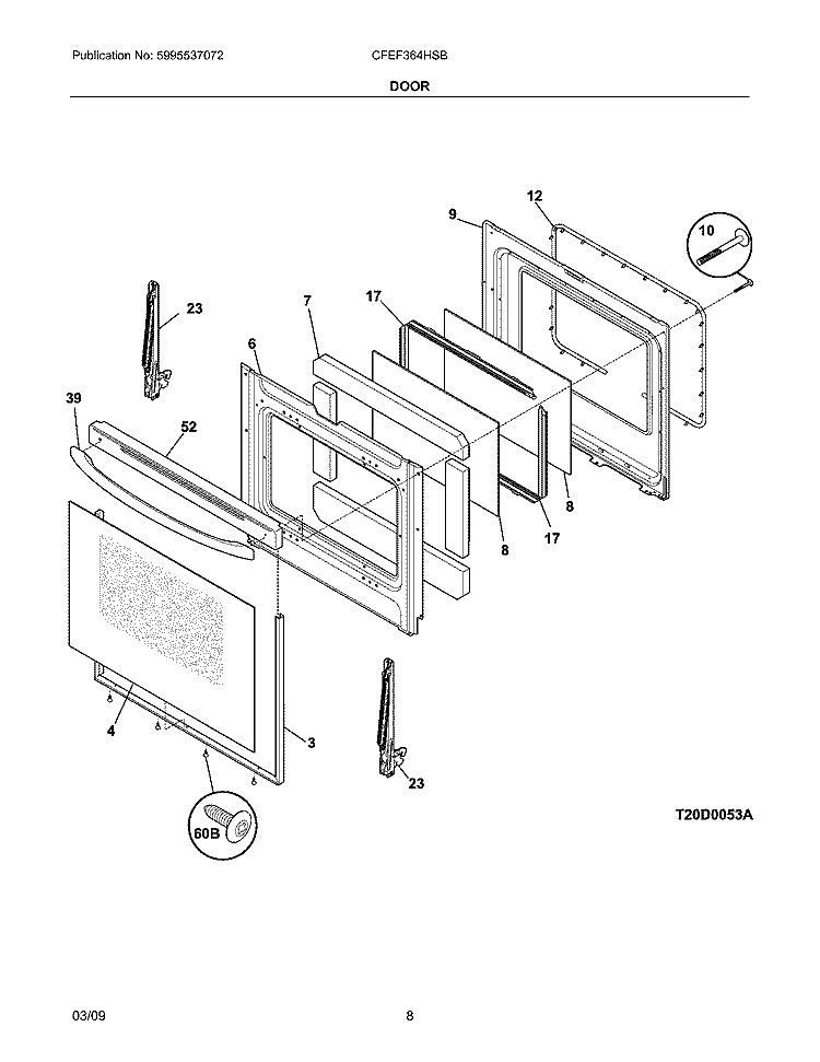 DOOR Diagram and Parts List for CFEF364HSB  Frigidaire Range