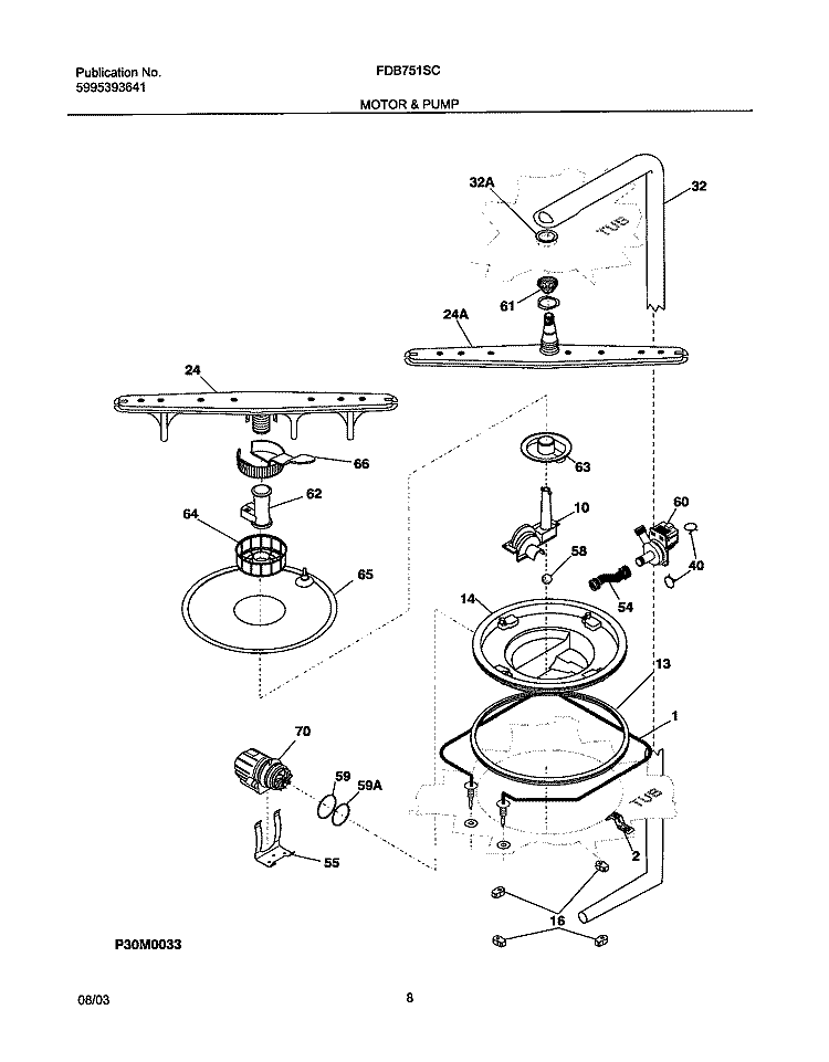 MOTOR & PUMP Diagram and Parts List for FDB751SCC0  Frigidaire Dishwasher