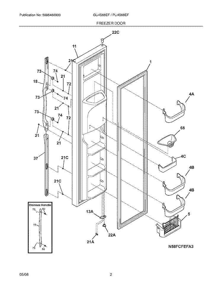 FREEZER DOOR Diagram and Parts List for GLHS68EFPW2  Frigidaire Refrigerator