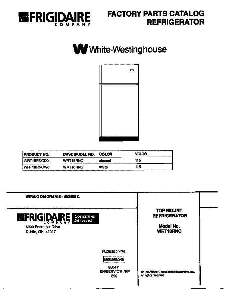 COVER Diagram and Parts List for WRT18RNCW0  Frigidaire Refrigerator