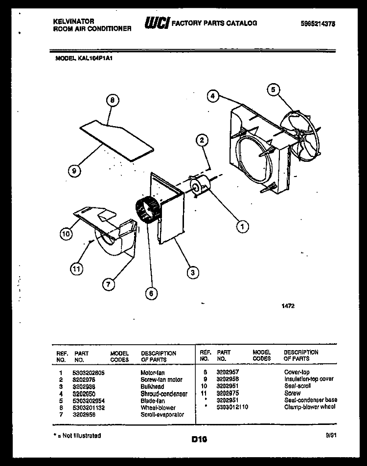 AIR HANDLING PARTS Diagram and Parts List for KAL104P1A1  Kelvinator Air Conditioner
