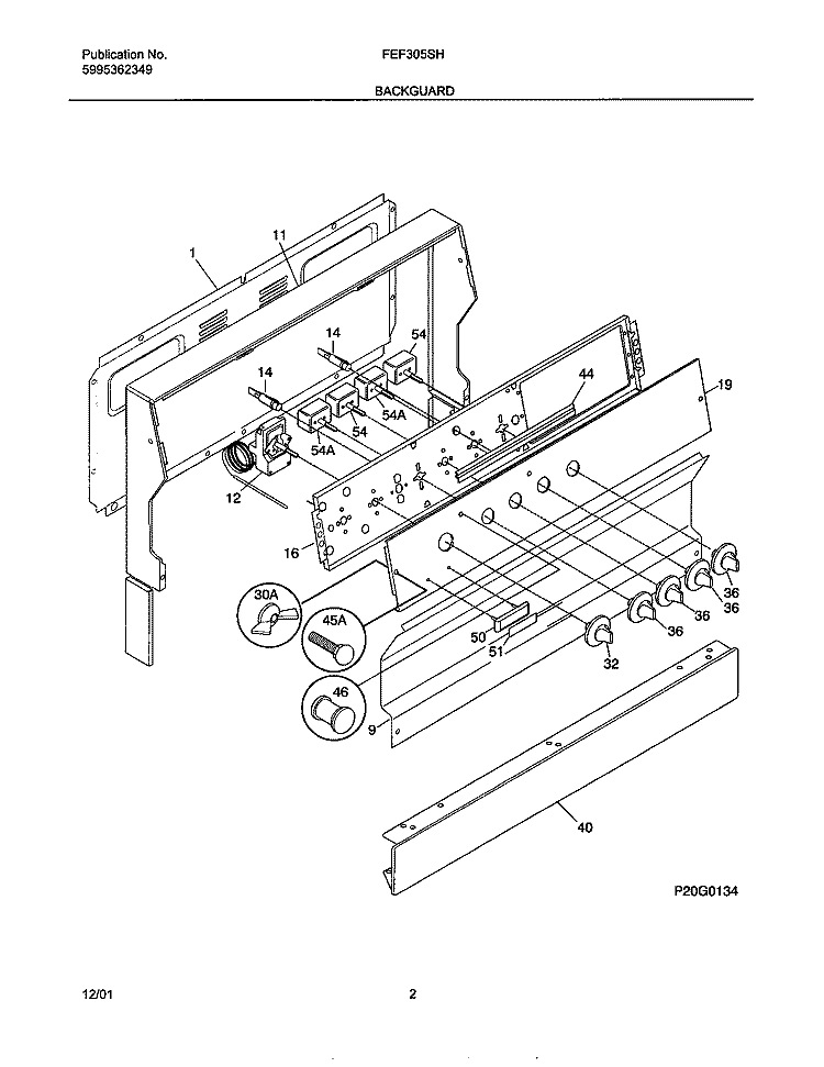 BACKGUARD Diagram and Parts List for FEF305SHDC  Frigidaire Range