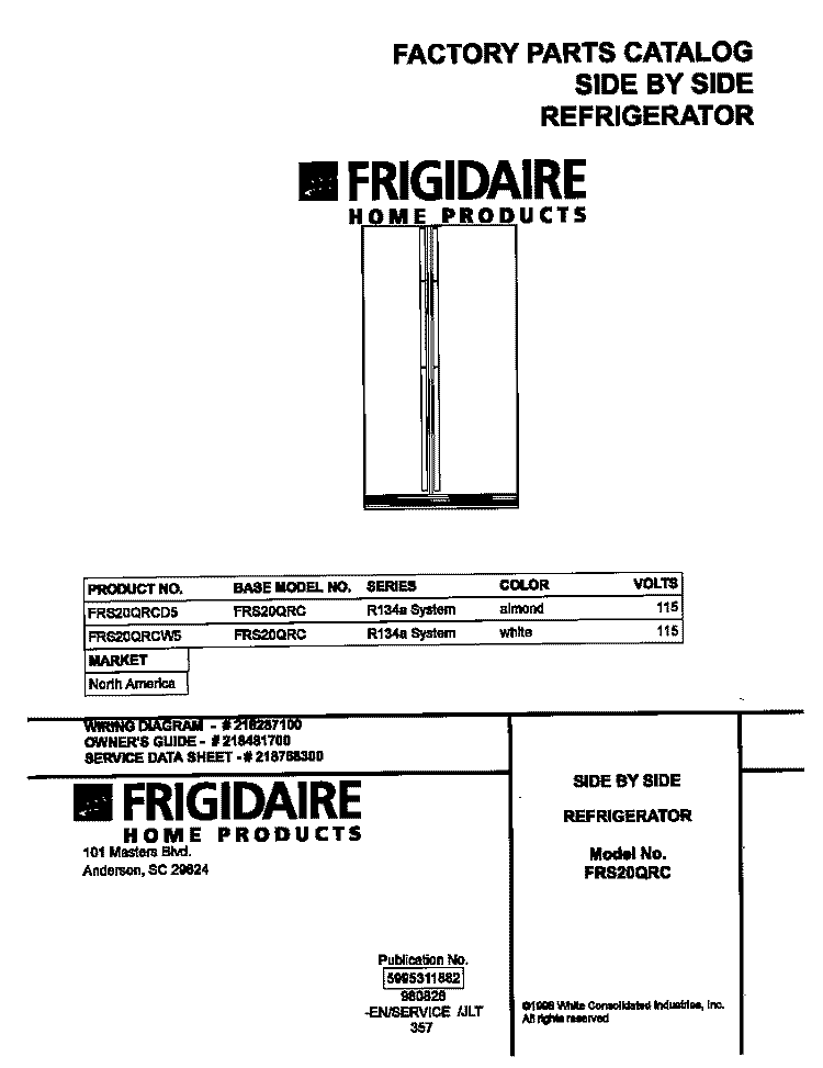 COVER Diagram and Parts List for FRS20QRCD5  Frigidaire Refrigerator