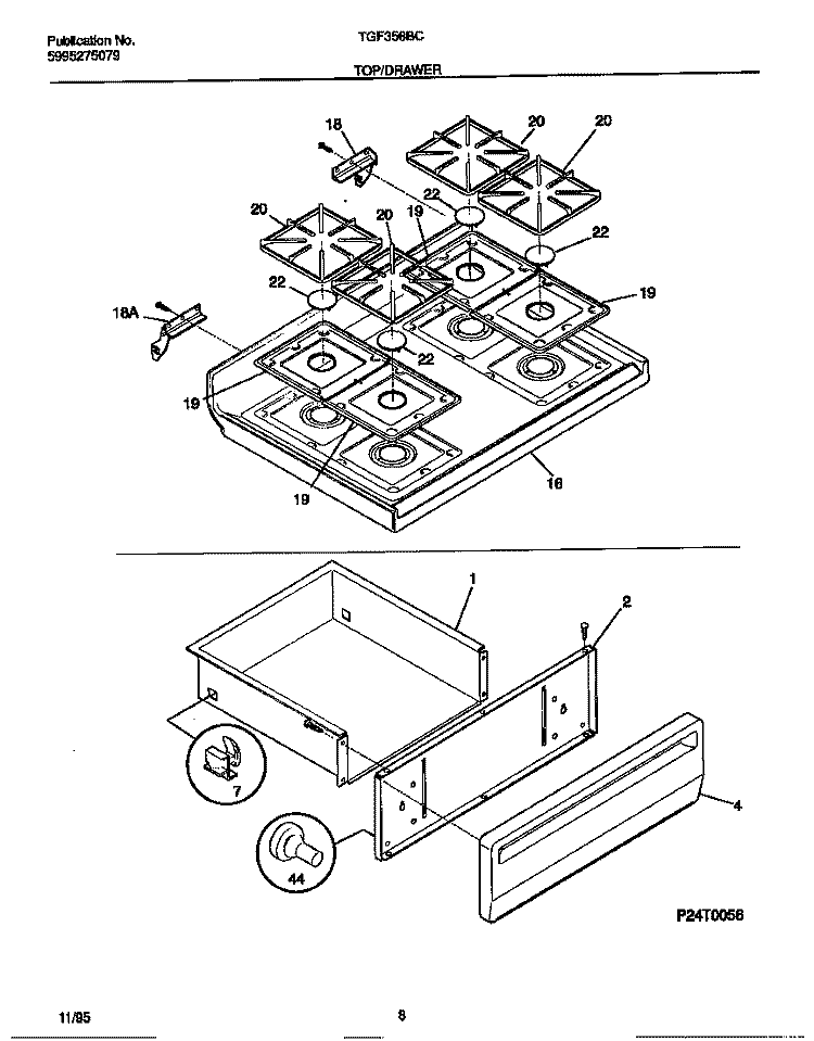 TOP / DRAWER Diagram and Parts List for TGF356BCWB  Tappan Range