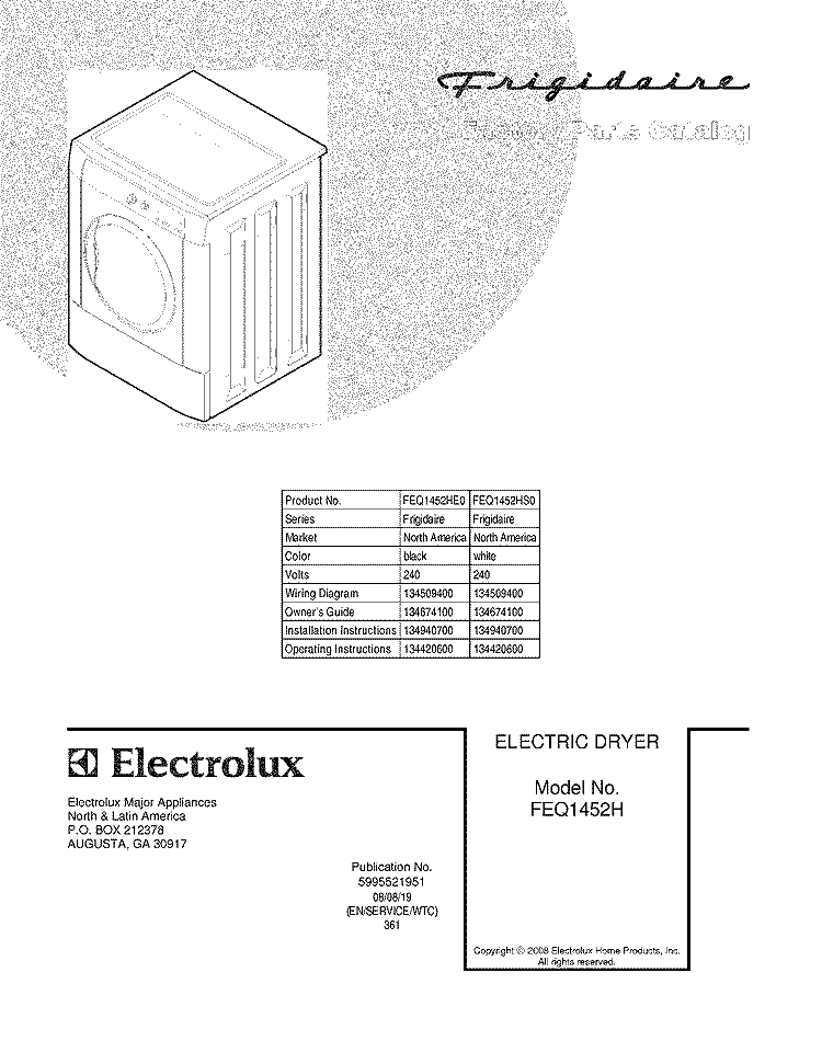 COVER Diagram and Parts List for FEQ1452HE0  Frigidaire Dryer