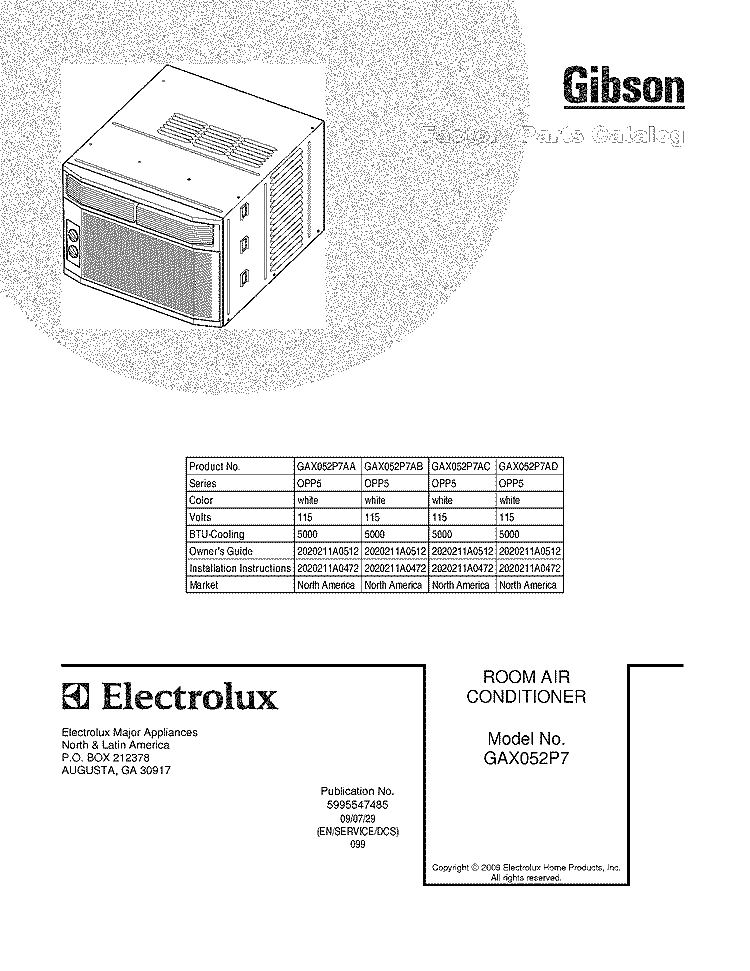COVER Diagram and Parts List for GAX052P7AA  Gibson Air Conditioner