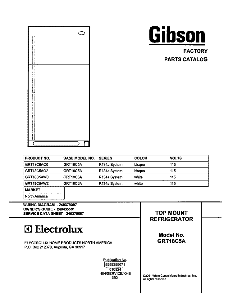 COVER Diagram and Parts List for GRT18C5AW2  Gibson Refrigerator