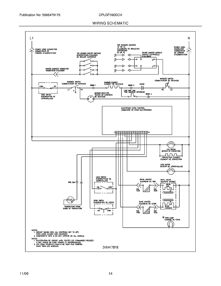 WIRING SCHEMATIC Diagram and Parts List for CPLGF390DCH  Frigidaire Range