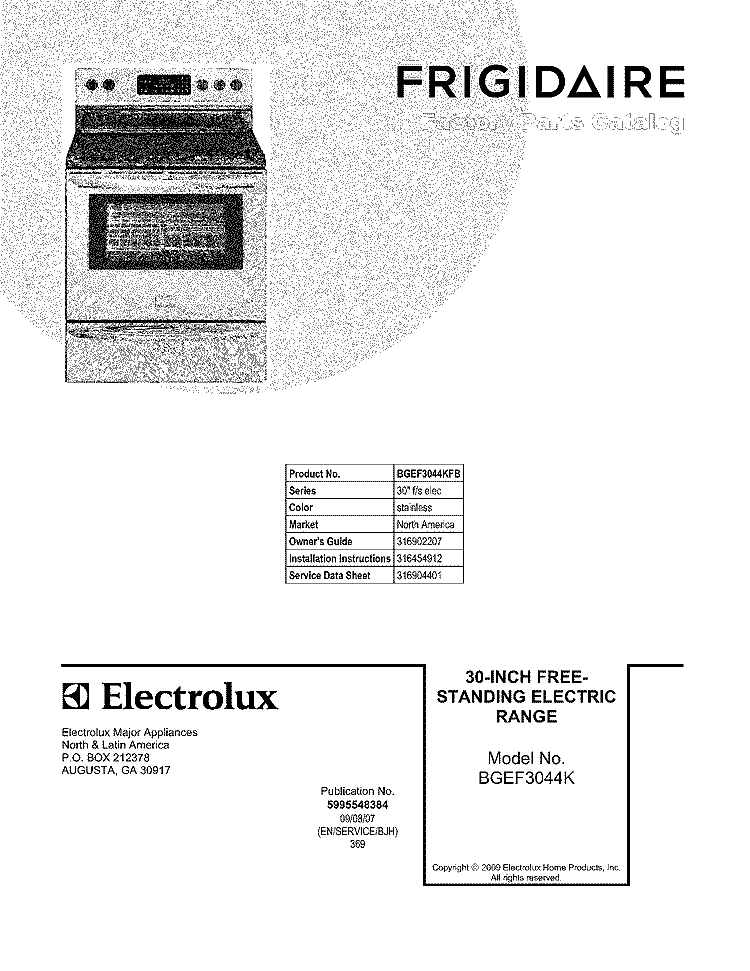 COVER Diagram and Parts List for BGEF3044KFB  Frigidaire Range