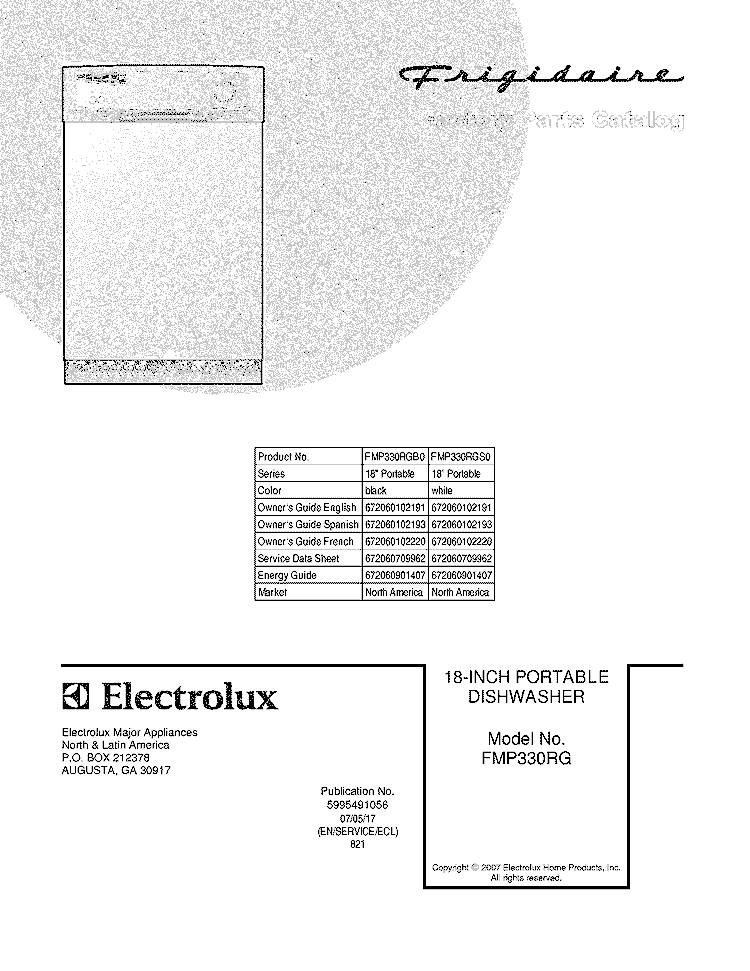 COVER Diagram and Parts List for FMP330RGB0  Frigidaire Dishwasher